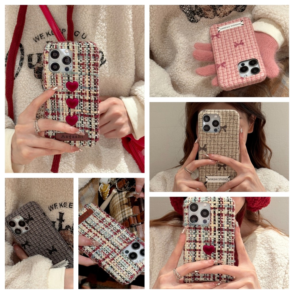 Autumn and Winter Woolen Contrasting Small Fragrance Style Casing for IPhone 16 Promax 14 13 Pro 12pro Max Thickened Love IPhone 16 15  12Pro 360 Full Protection Phone Case