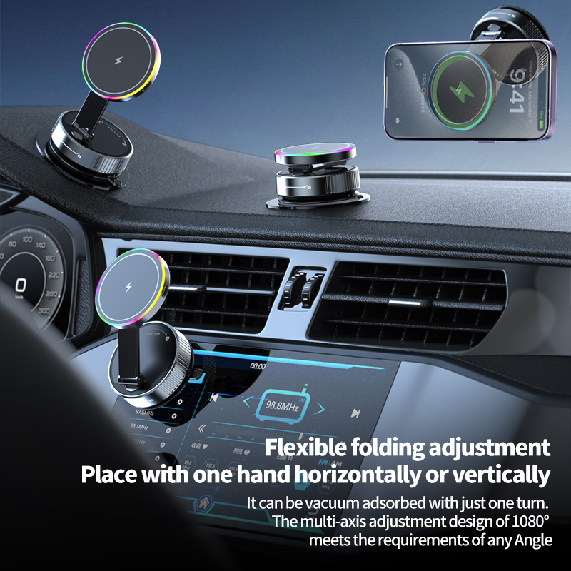 Universal 15W Car Phone Holder 360 Rotatable with RGB Light Wireless Car Charger and Foldable Suction Cup Vacuum Magnetic Stand - Image 6