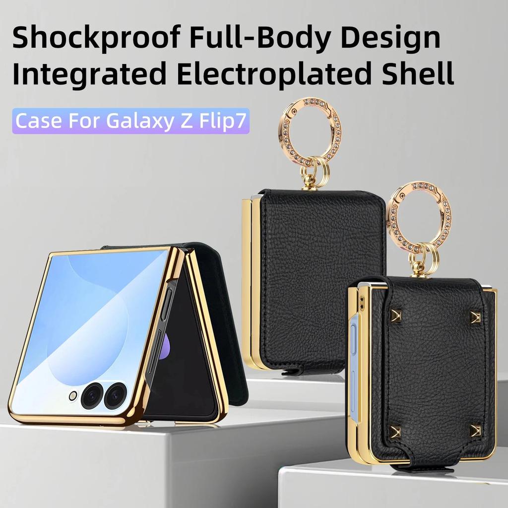 Fashion Z Flip 7 Case With Finger Ring, Plating Faux Leather Phone Case For Galaxy Z Flip 7 6 5 4 , Black, Front Screen Protector