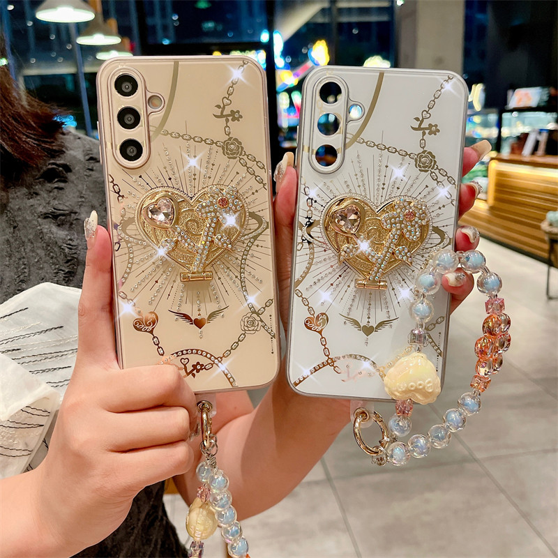 Fashion Cell Phone Case for Samsung Galaxy A 16/15/14 Cell Phone Case Heart Series Flash Diamond Stand Case Protector Case Ins with Pendant - Image 3