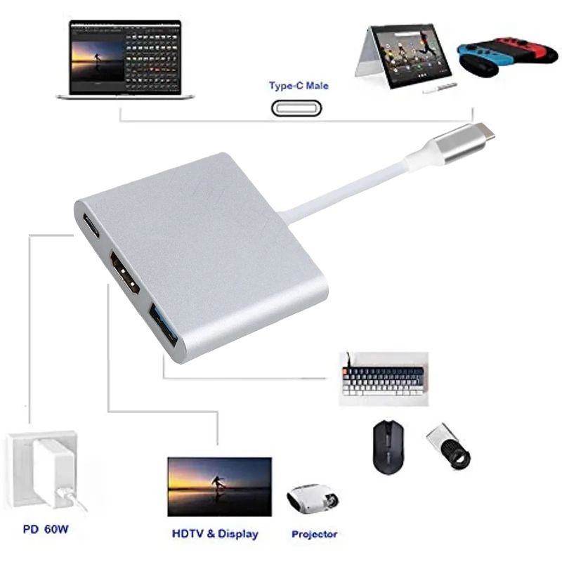 4K HDMI USB-C HUB 3-in-1 PD Splitter & OTG Adapter Cable for MacBook Laptop Video Pro
