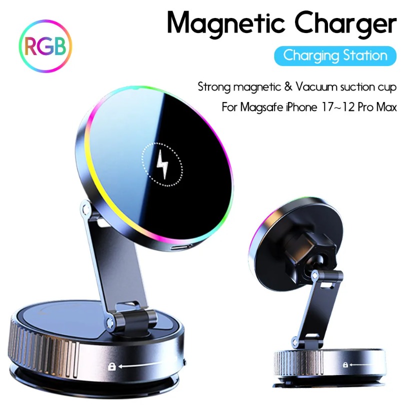 360 Degree Rotation Car Phone Holder Wireless Charger RGB Magnetic Vacuum Adsorption Super Fast Charging Mount for Car Dashboard - Image 2