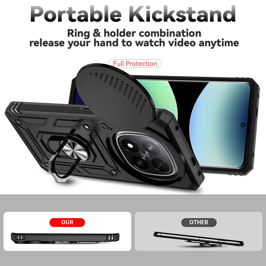 Armor Shockproof Ring Stand Holder Case for Redmi Note 14 Pro Plus 5G Slide Camera Lens Protect Cover