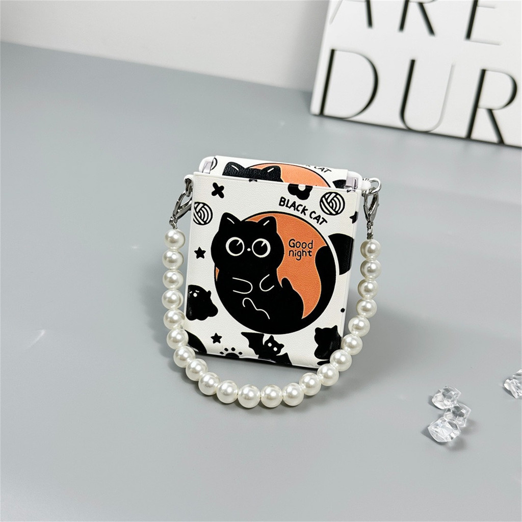 Crossbody Lanyard Cute Black Cat Pearl Bracelet Phone Case for Galaxy Z Flip 7 Z Flip 6 Z Flip 5 ZFlip 4 Back Shockproof Cover Kawwii - Image 2