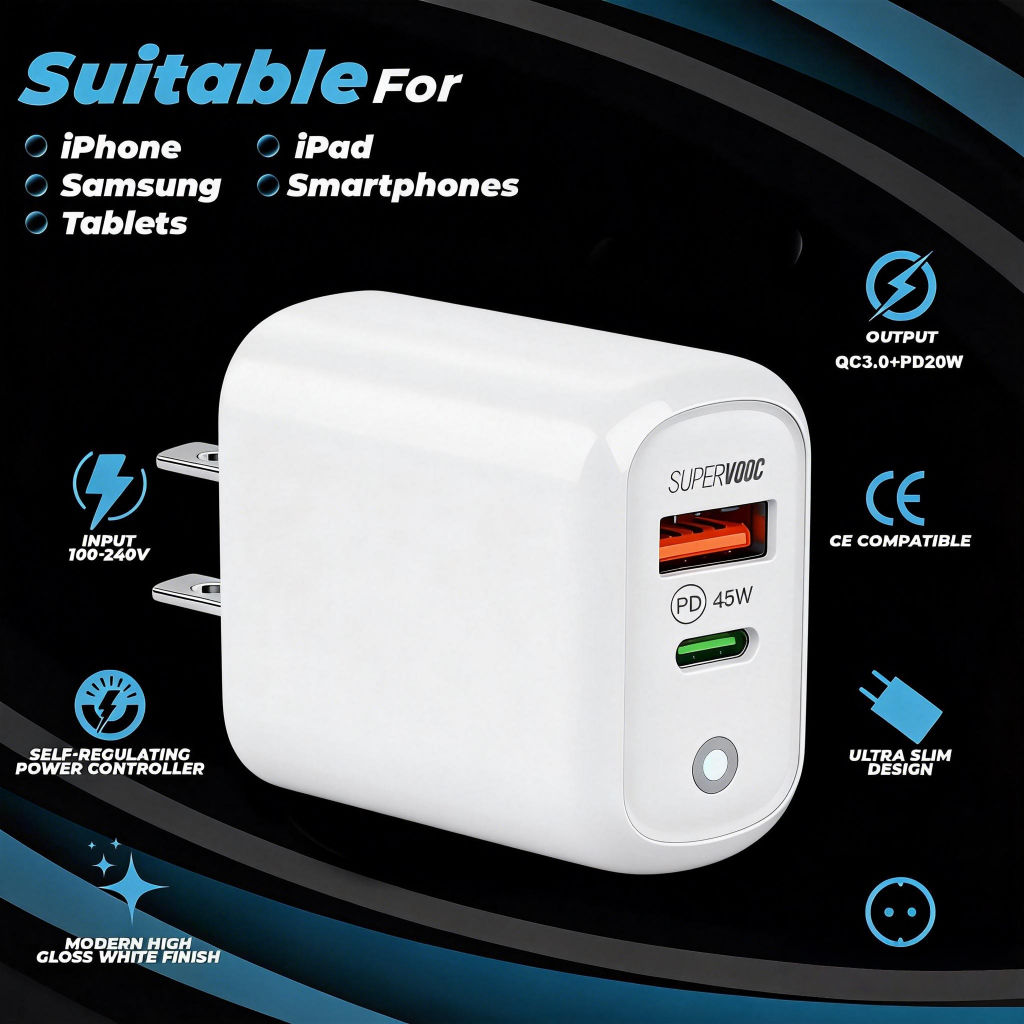 Gan 45W PD USB-A Fast Charger Support Super Charging QC3.0 Wall Charger For iPhone Android