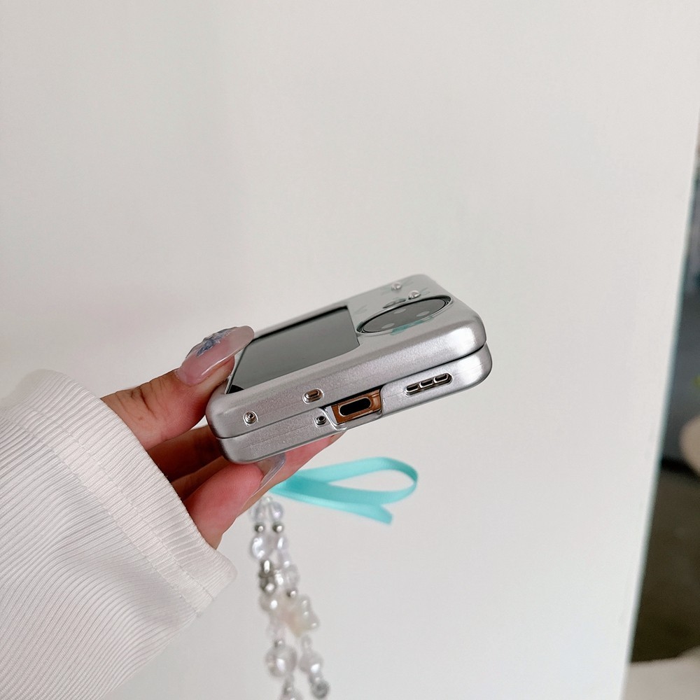 Beautiful Aesthetic Silver Casing for OPPO Find N3 N2 Flip Beautiful Design Pattern N3Flip N2Flip With Chain Phone Case - Image 2