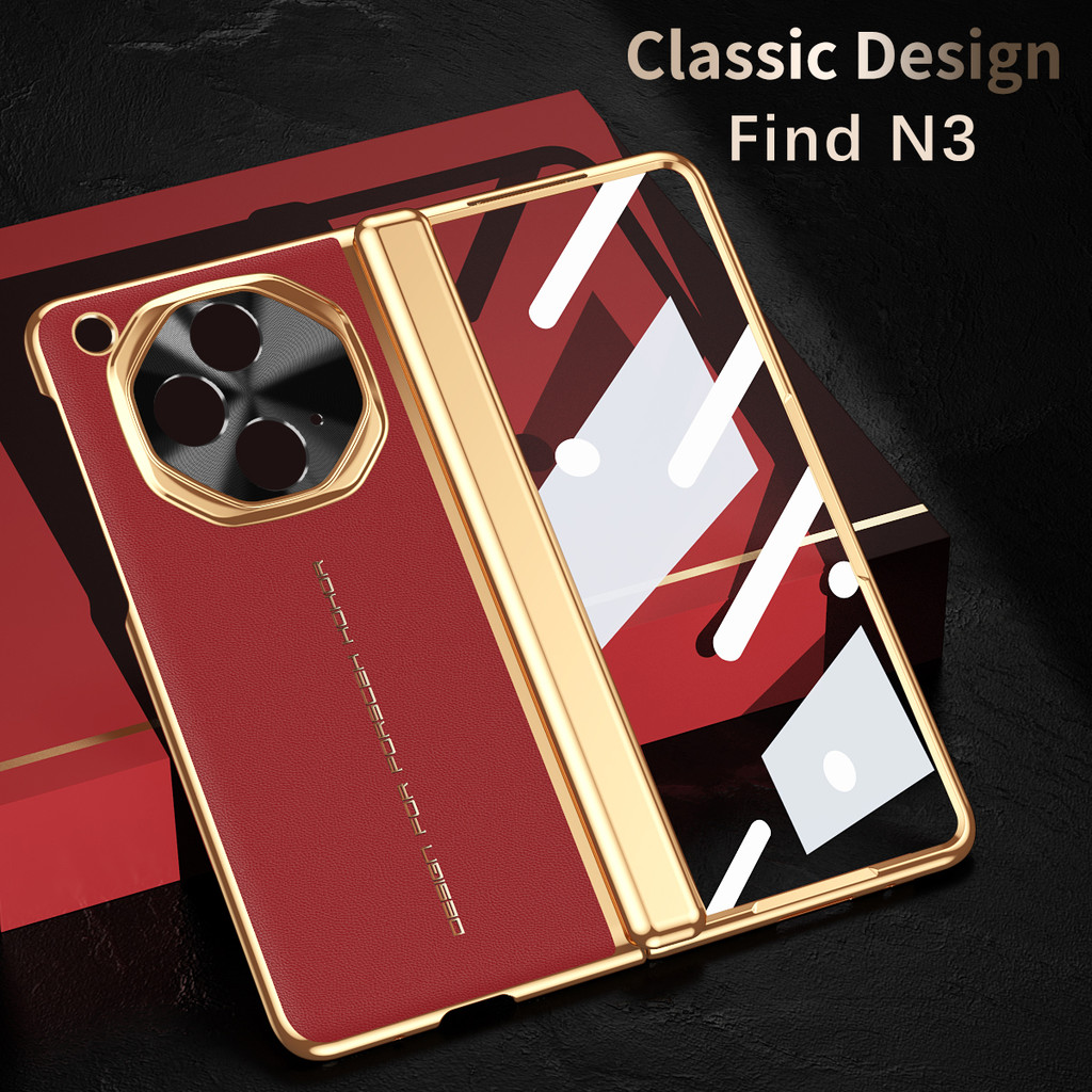 Brown Vegan Leather Phone Case for OPPO Find N3 Premium Feeling Plated Center Hinge Flip Hard Case New Red Leather Bumper Phone Case - Image 2