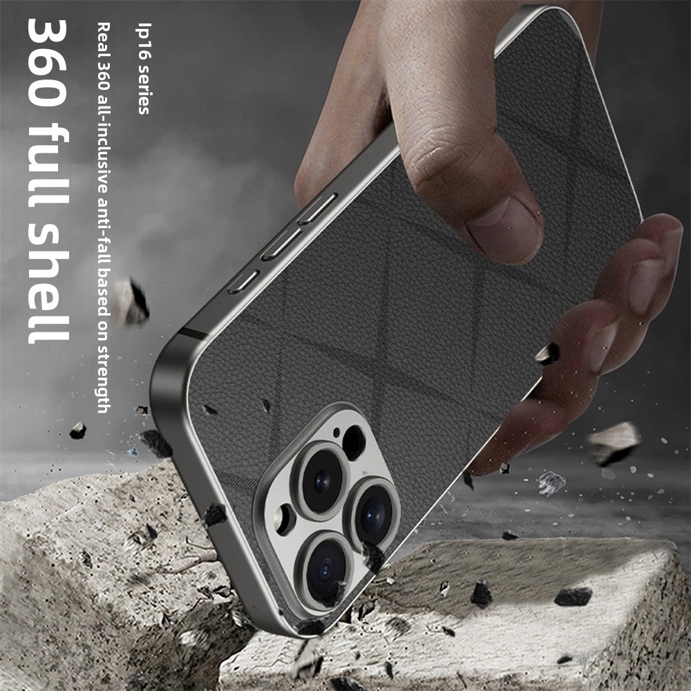 Grid Vegan Leather Case For iPhone 16 Pro Max 16Pro Plain Cover iPhone16 Plus Metallic Paint PC Frame All-inclusive Cover - Image 3