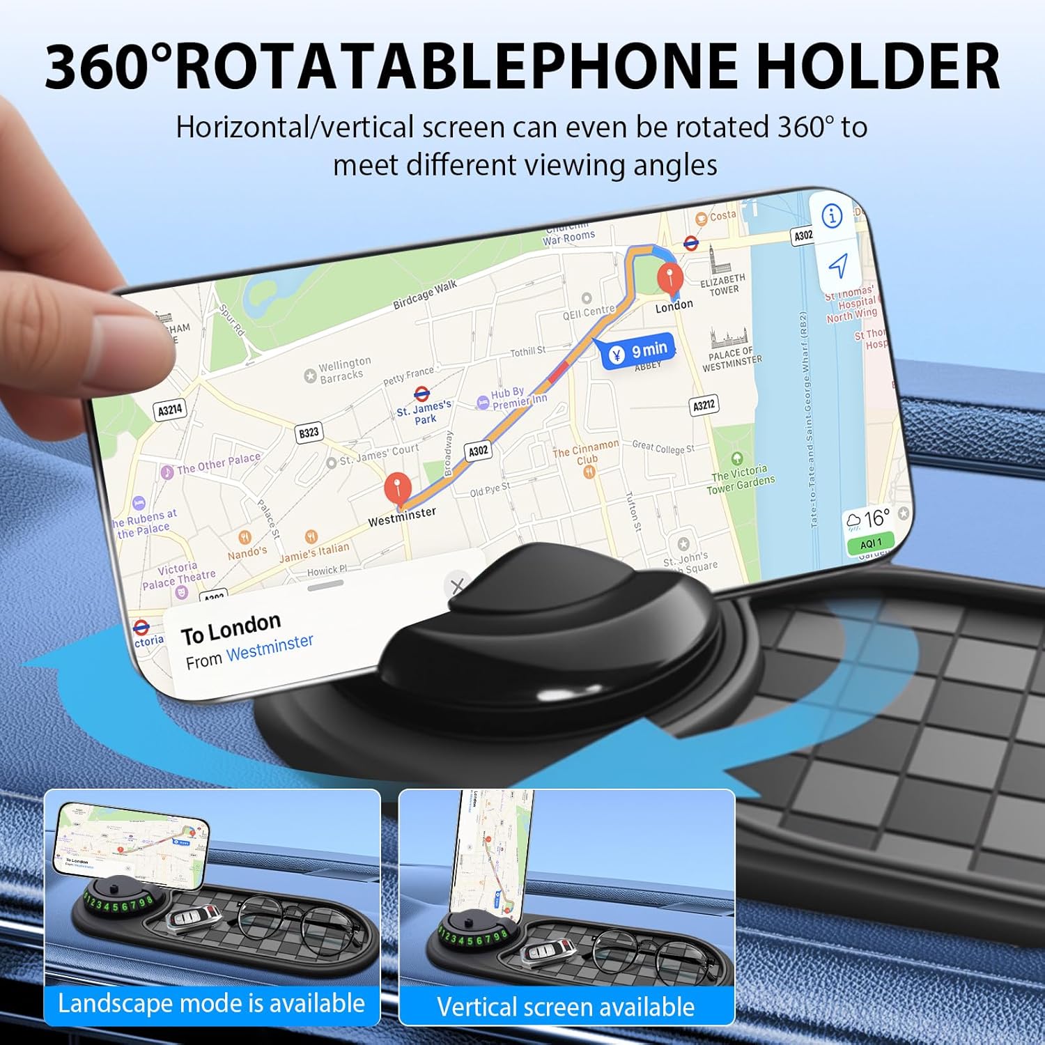 60-Degree Rotation New 2-in-1 Car Phone Holder Anti-Slip PVC Mat Multi-Functional Phone Sunglasses Holder Interior Accessories - Image 4