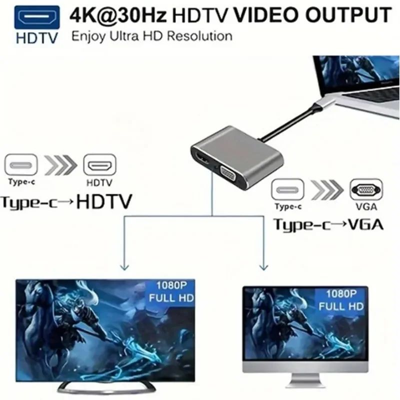 Type-C Hub 4K 4 in 1 HDMI VGA USB Port Digital AV PD Adapter Charging for PC Laptop - Image 2