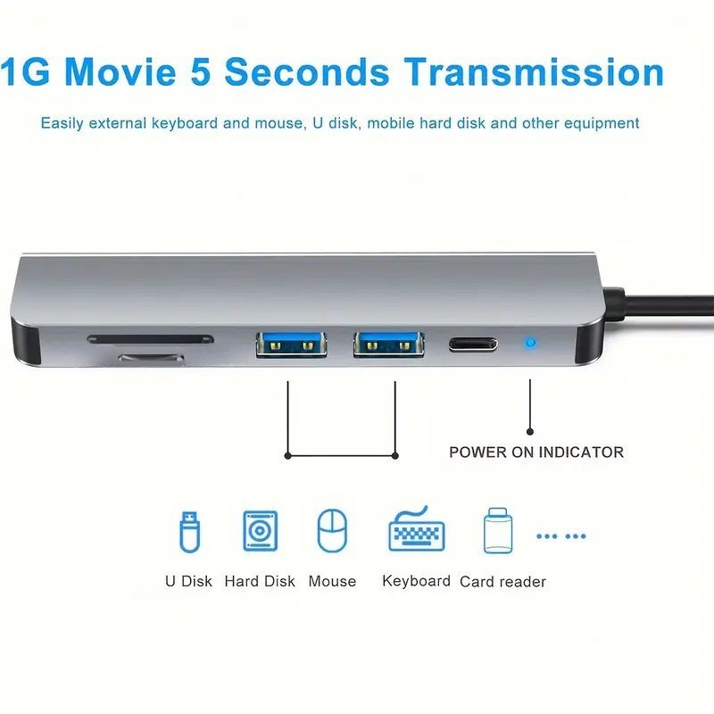 USB Hub 6 in 1 Type-C Adapter 3.0 Adapter with 4K HDMI SD TF Card PD Fast Charging Splitter USB Docking Station for MacBook and Computers