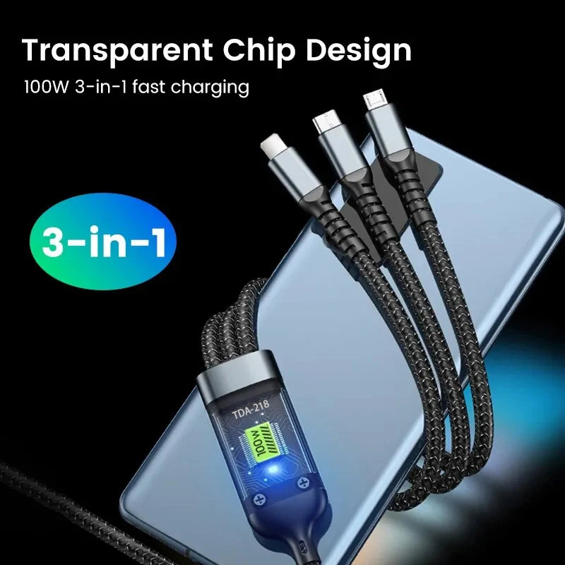 3-in-1 USB To Type-C Micro Fast Charger Cable for IPhone Samsung Xiaomi Huawei 100W 5A Fast Charging - Image 3