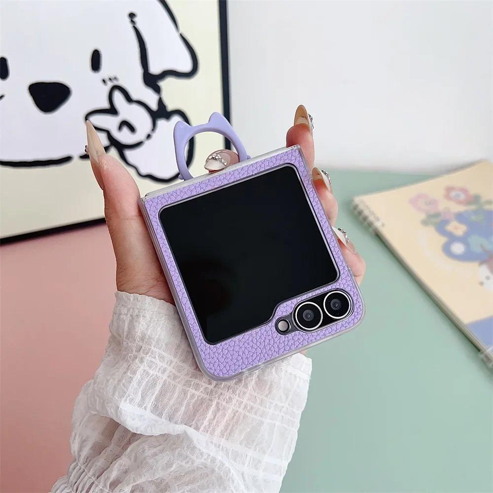 Ring Leather Phone Case for Samsung for Galaxy Z Flip 7 6 5 4 Flip7 Flip6 Flip5 Flip4 5G Transparent Edge Protective Cover - Image 3