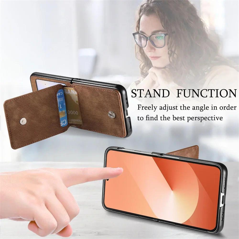 Retro Leather Wallet Phone Case with Ring Bracket for Samsung for Galaxy Z Flip 7 6 5 4 Flip6 Flip5 Flip4 5G Cover Card Holder - Image 2