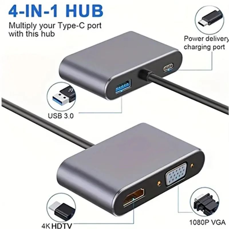 Type-C Hub 4K 4 in 1 HDMI VGA USB Port Digital AV PD Adapter Charging for PC Laptop - Image 3