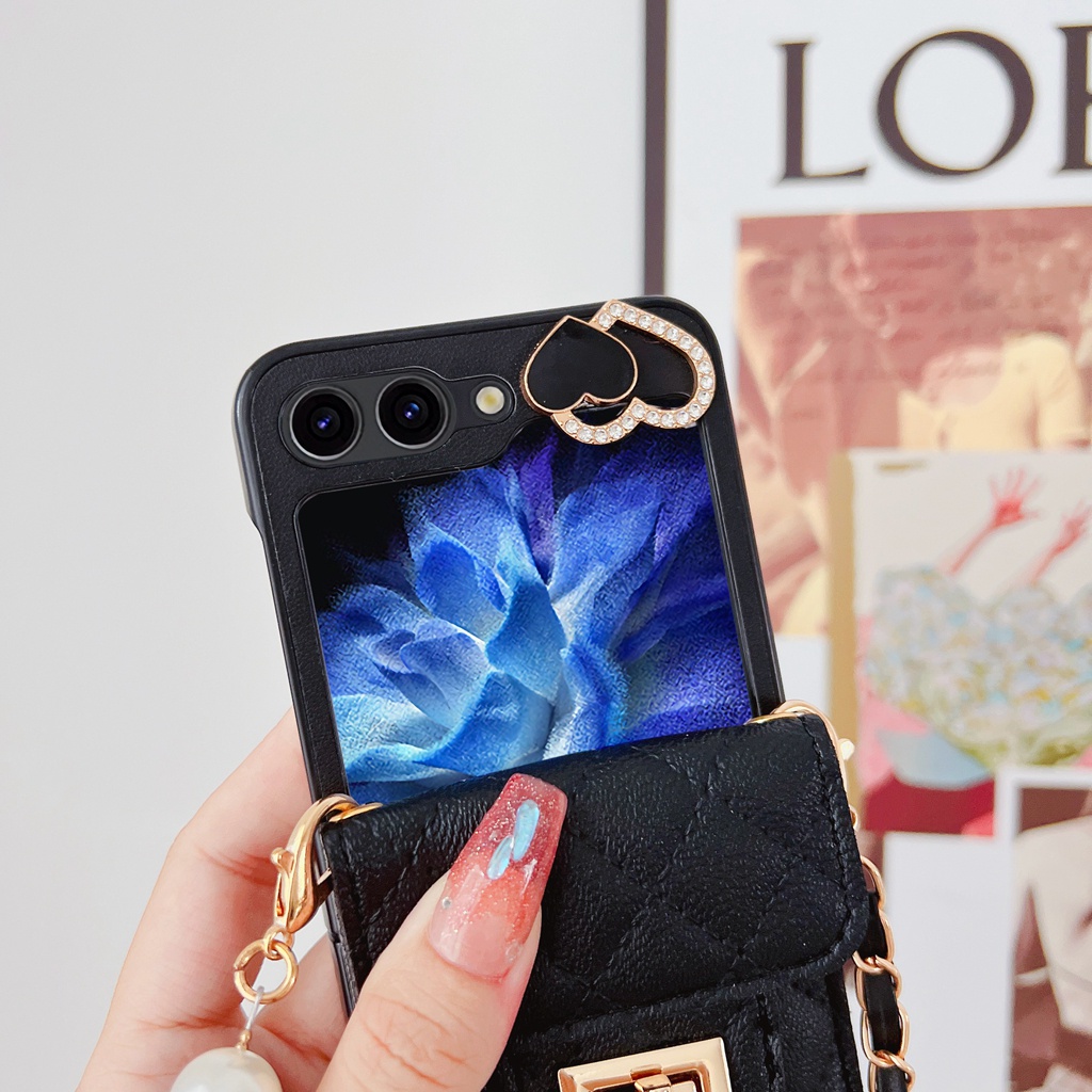 Shockproof Luxury With Card Holder Flip Casing for Samsung Galaxy Z Flip 7FE 7 6 5 4 With Card Slot Leather Samsung Z Flip7 Flip6 Flip5 Flip4 Z 5 With Lace Phone Case