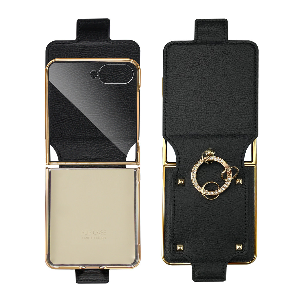 Fashion Z Flip 7 Case With Finger Ring, Plating Faux Leather Phone Case For Galaxy Z Flip 7 6 5 4 , Black, Front Screen Protector - Image 2