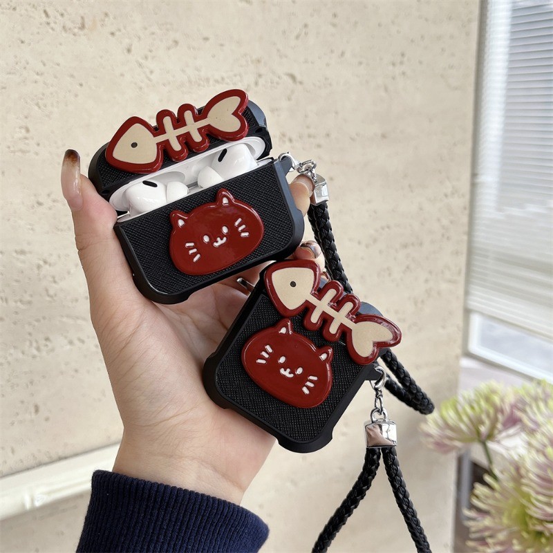 Cute fish bone With Rope Case for AirPods 4 ANC Skin Earphone Casing AirPod 1/2/3/Pro Pro2 protective Cover