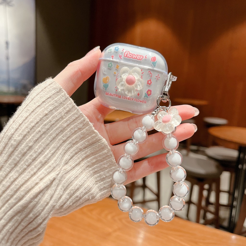 Korean Fresh Flower Earphone Case For Airpods 1/2/3/4/Pro/Pro2 Pro 2 Shockproof Headphone Bags With Keyring Accessories