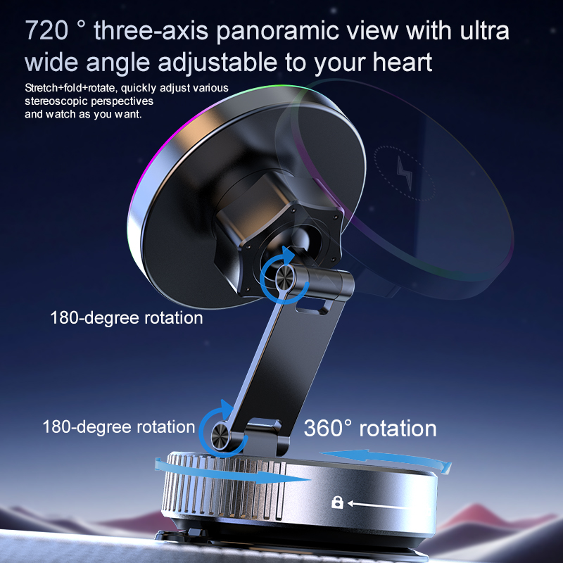 360 Degree Rotation Car Phone Holder Wireless Charger RGB Magnetic Vacuum Adsorption Super Fast Charging Mount for Car Dashboard - Image 3