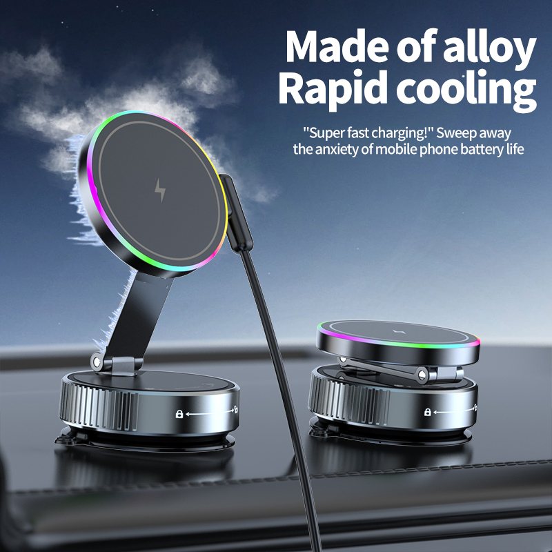 Universal 15W Car Phone Holder 360 Rotatable with RGB Light Wireless Car Charger and Foldable Suction Cup Vacuum Magnetic Stand - Image 2
