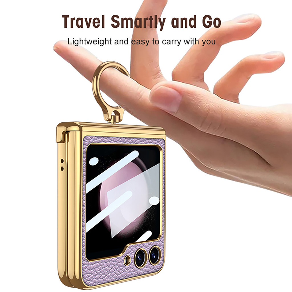 Bumper Simple Casing for Samsung Galaxy Z Flip7FE Flip 6 Foldable Leather Rose Gold Z Flip6 Z6 With Ring Holder Phone Case