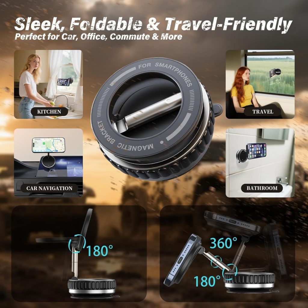 Foldable 360° Magnetic Car Phone Mount, Vacuum Strong Suction, Universal Rotating Holder