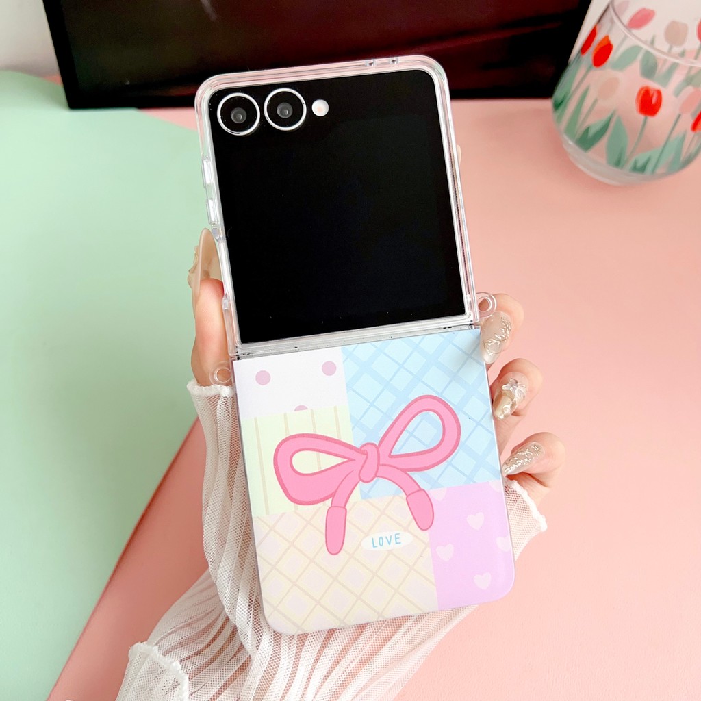 Korean Cute Simple Clear Polka Dot Color Ring Folding Bow Phone Case For Samsung for Galaxy Z Flip7 Flip6 Flip5 Flip4 Back Cover