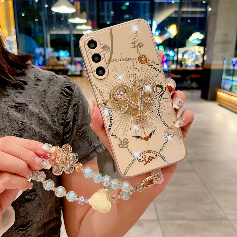 Fashion Cell Phone Case for Samsung Galaxy A 16/15/14 Cell Phone Case Heart Series Flash Diamond Stand Case Protector Case Ins with Pendant - Image 2