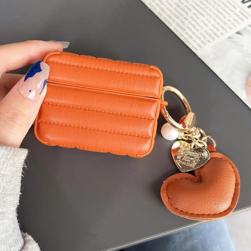 Solid Color PU Leather Earphone Case For Apple for Airpods 4 Soft Cases For Airpod 3 Pro 2 1 Funda Luxury Love Heart Pearl Pendant - Image 3