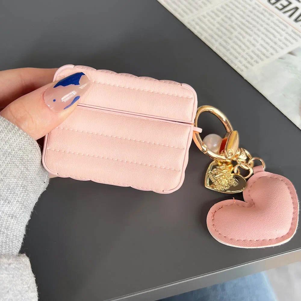 Solid Color PU Leather Earphone Case For Apple for Airpods 4 Soft Cases For Airpod 3 Pro 2 1 Funda Luxury Love Heart Pearl Pendant - Image 2