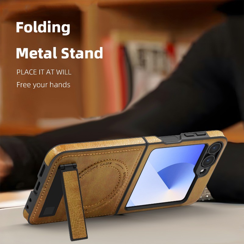 Purple Lens Protector Casing for Samsung Galaxy Z Flip 7FE 7 6 5 4 Fashion Design Anti-DROP Wireless Charging Leather Zflip7 Flip4 Flip5 Flip6 with Bracket Phone Case